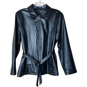 VTG Jacqueline Ferrar Women's Black Genuine Leather Jacket Belted Zip Front Sz L